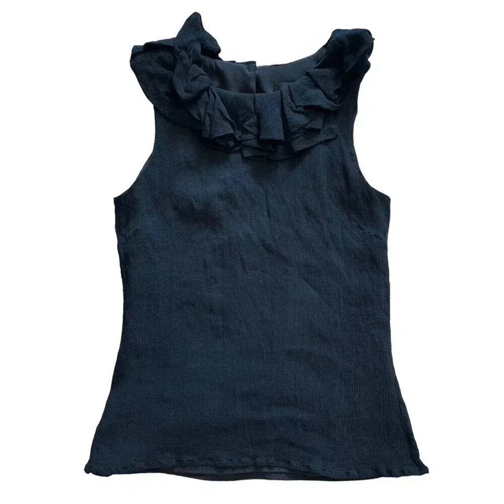 J.Crew Black 100% Silk Crepe Ruffle Collar Sleeveless Blouse 00